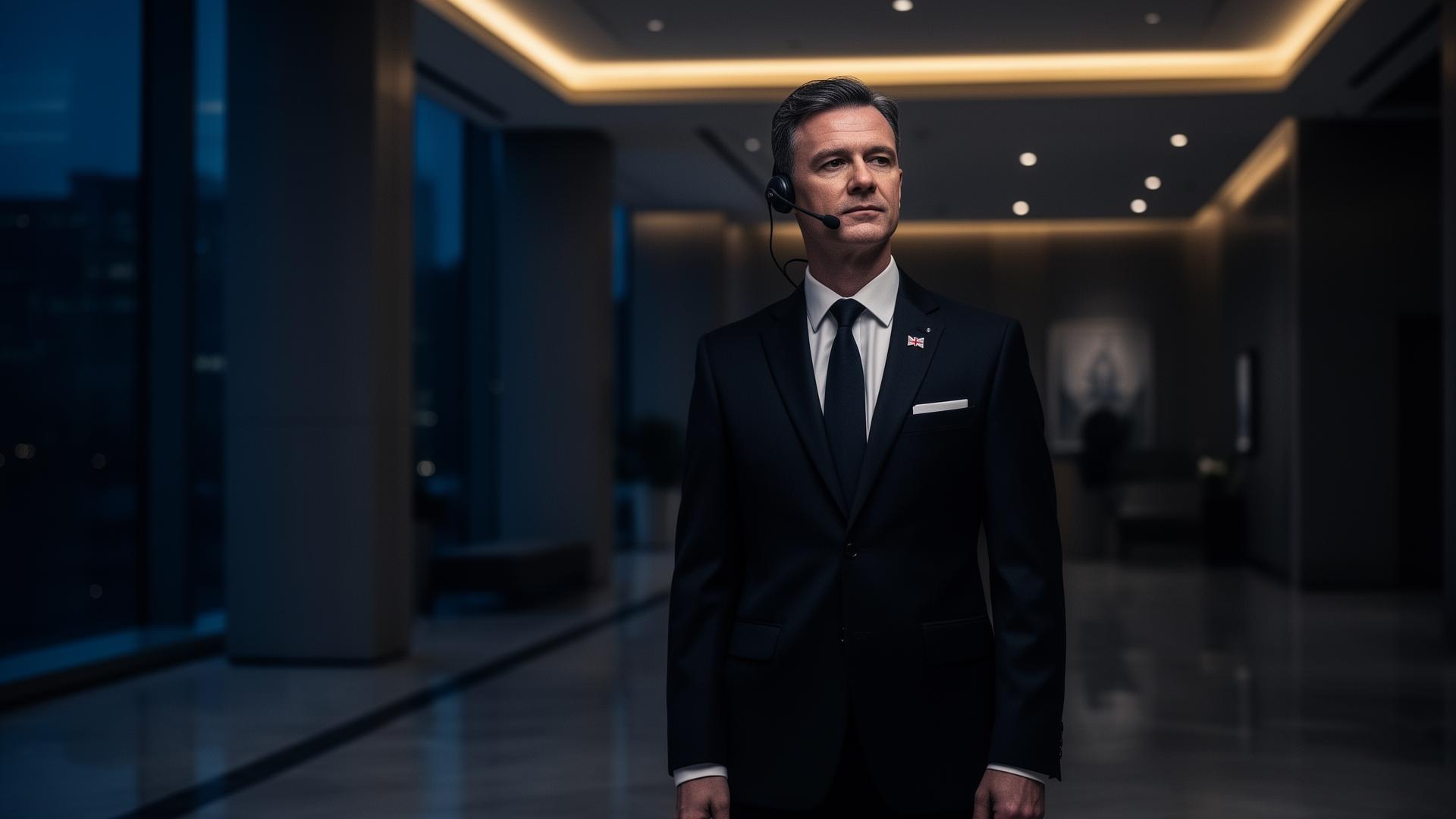 UK security officer in a luxury corporate lobby